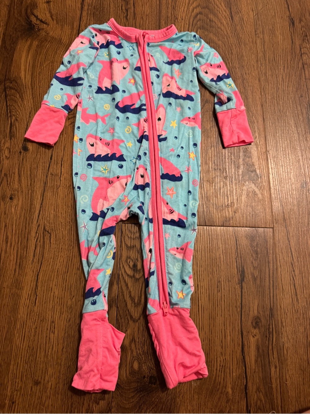 Pink & Aqua Shark Footed One-Piece Pajama for Kids